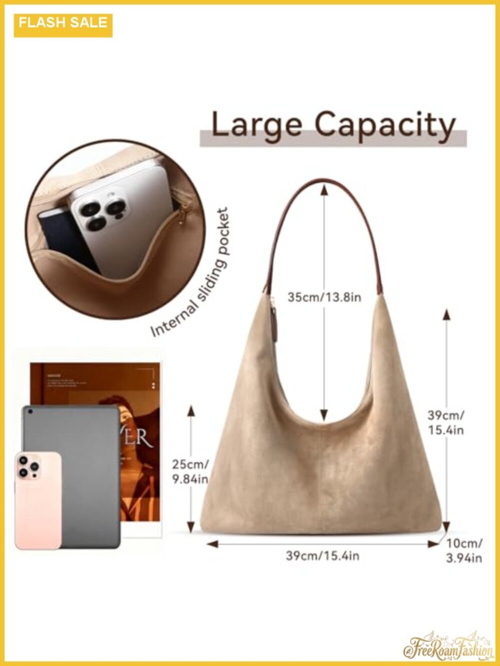 Faux Suede Slouchy Hobo Shoulder Bag Women Tote Purse Handbag - Picture 5 of 5